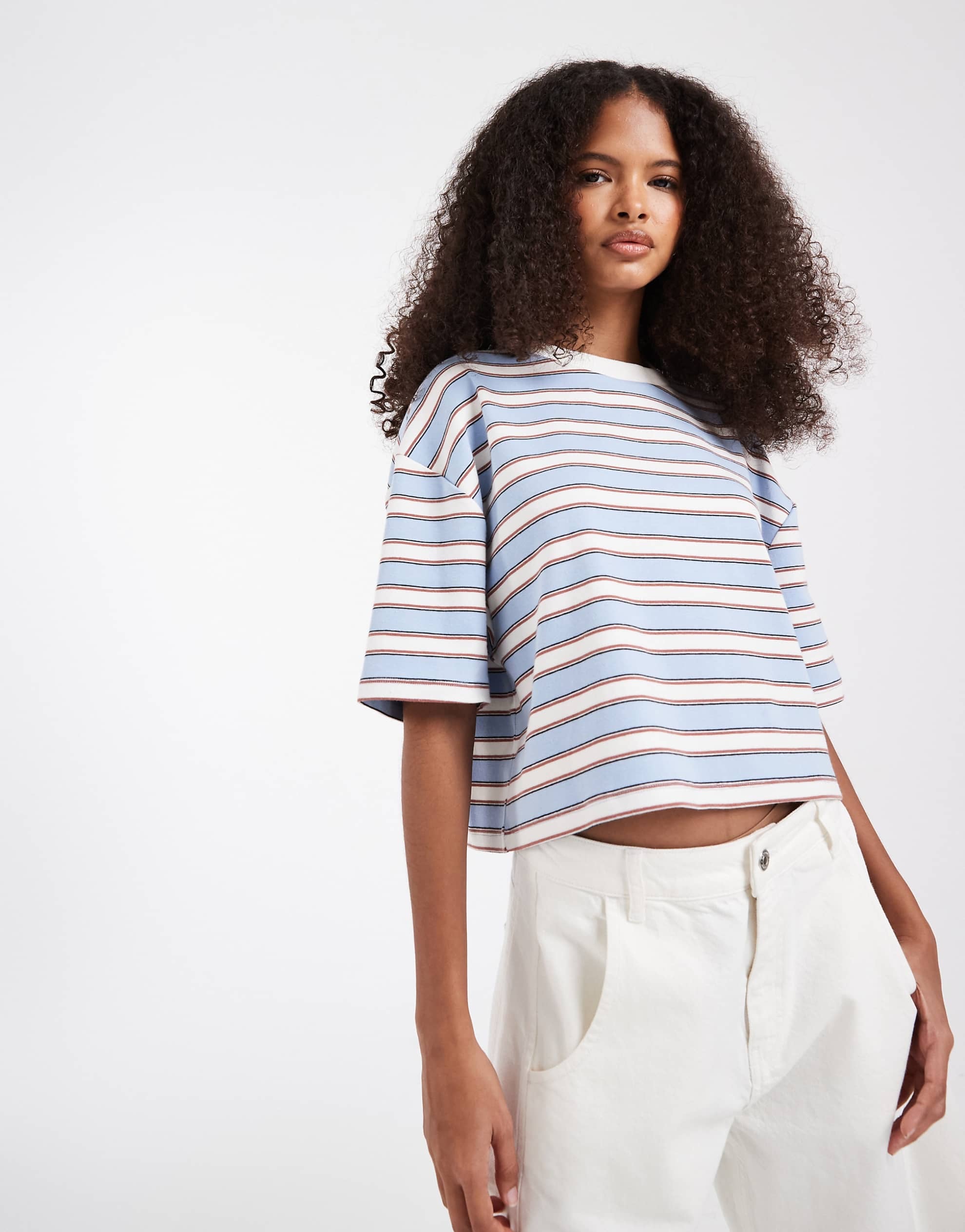 DESIGN contrast neck boxy crop top light blue chocolate stripe