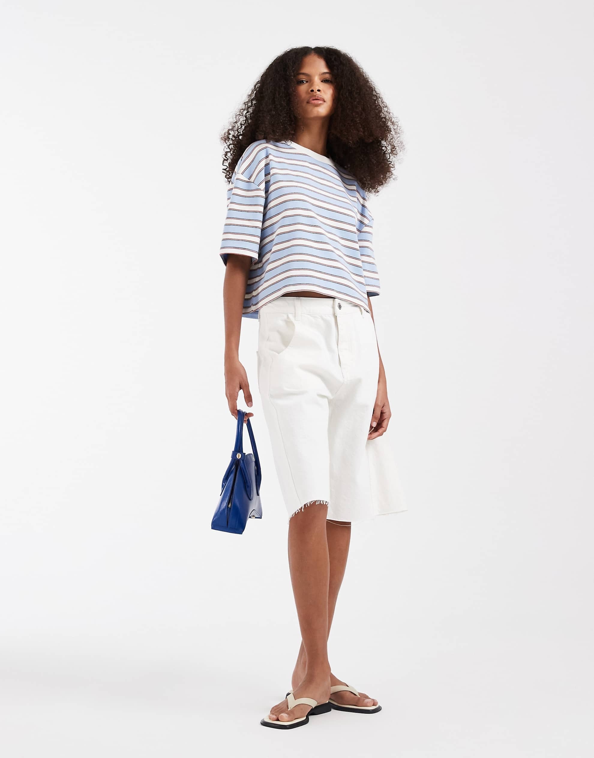 DESIGN contrast neck boxy crop top light blue chocolate stripe