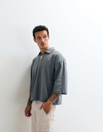DESIGN heavyweight boxy oversized polo half sleeve charcoal.