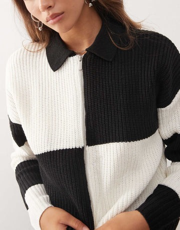 Noisy May cable knit zip through polo black & white