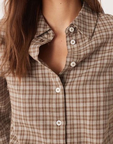 AWARE oversized boyfriend fit oxford shirt beige brown mini check print