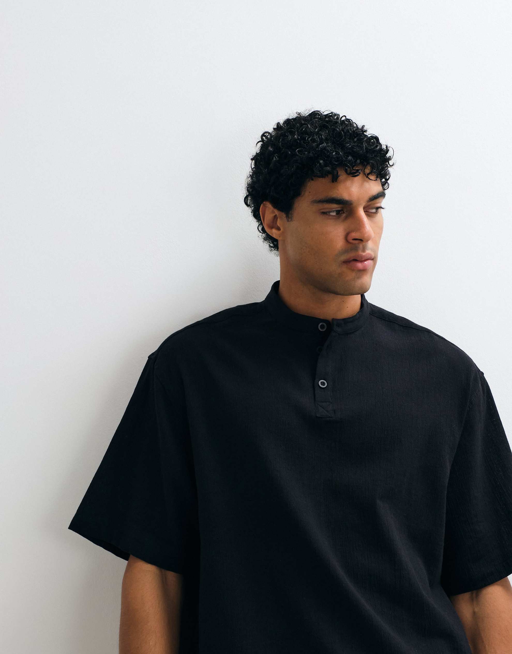 DESIGN boxy oversized linen look shirt grandad collar black