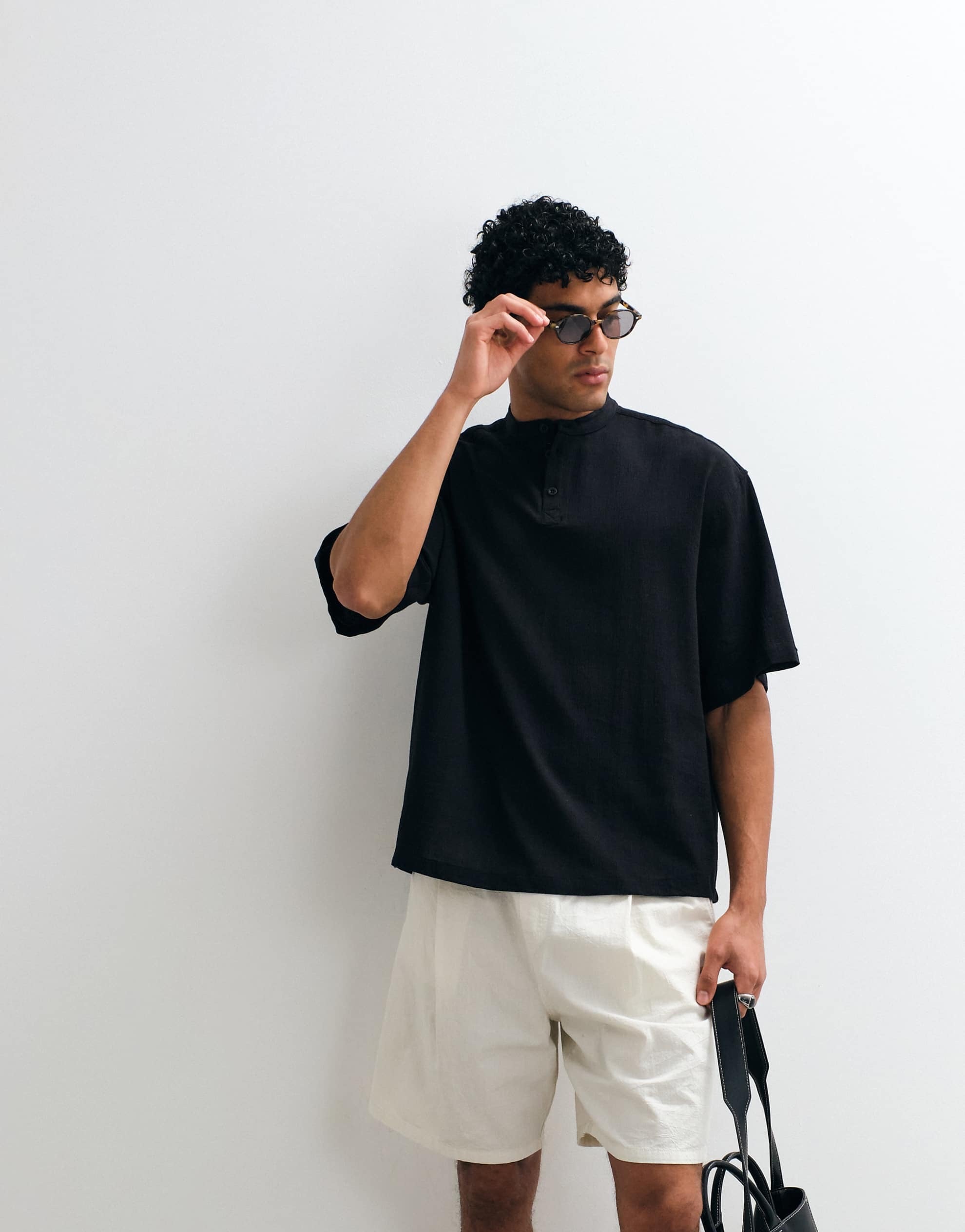 DESIGN boxy oversized linen look shirt grandad collar black