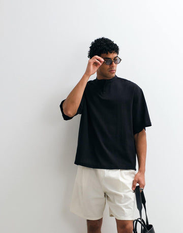 DESIGN boxy oversized linen look shirt grandad collar black