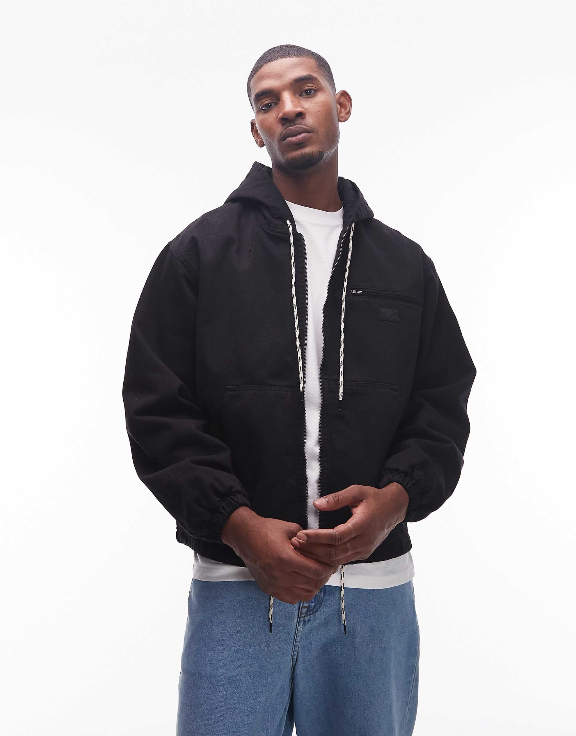 No Problemo zip through hooded cotton workwear jacket black