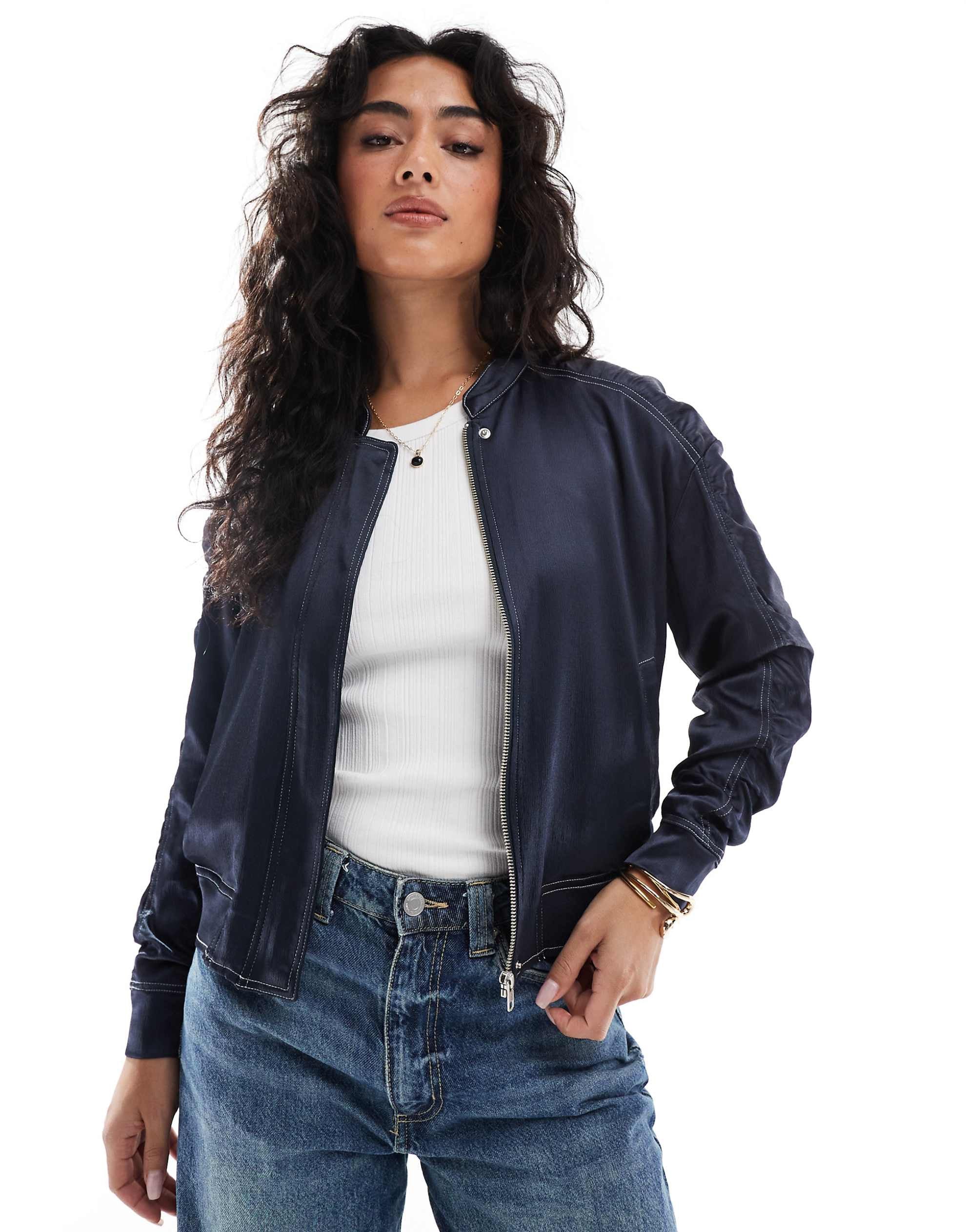 French Connection Akita satin bomber jacket navy