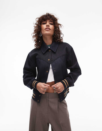 Denim varsity jacket dark wash blue