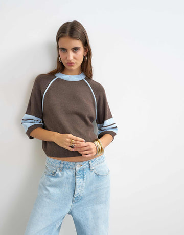 Knitted tipping short sleeve top blue