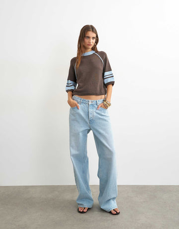 Knitted tipping short sleeve top blue