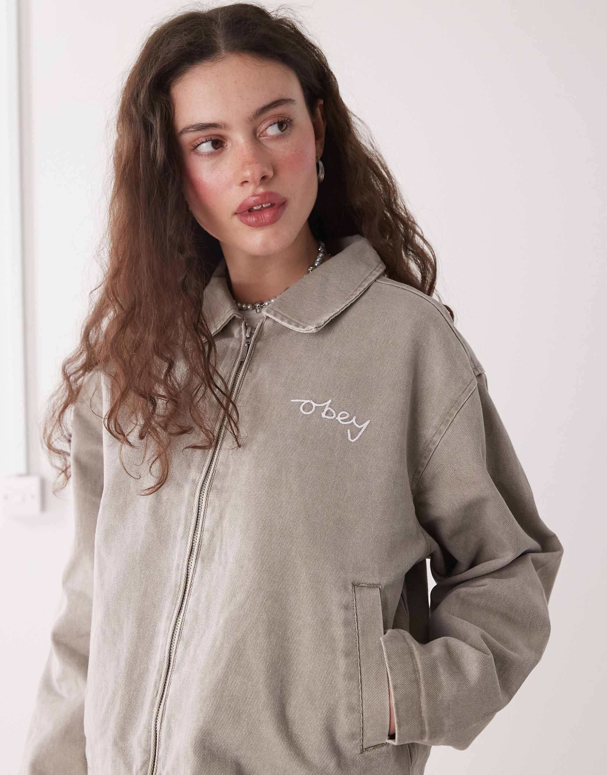 Obey Serene zip through denim jacket beige