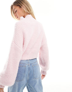 NA-KD fluffy knit high neck jumper pink