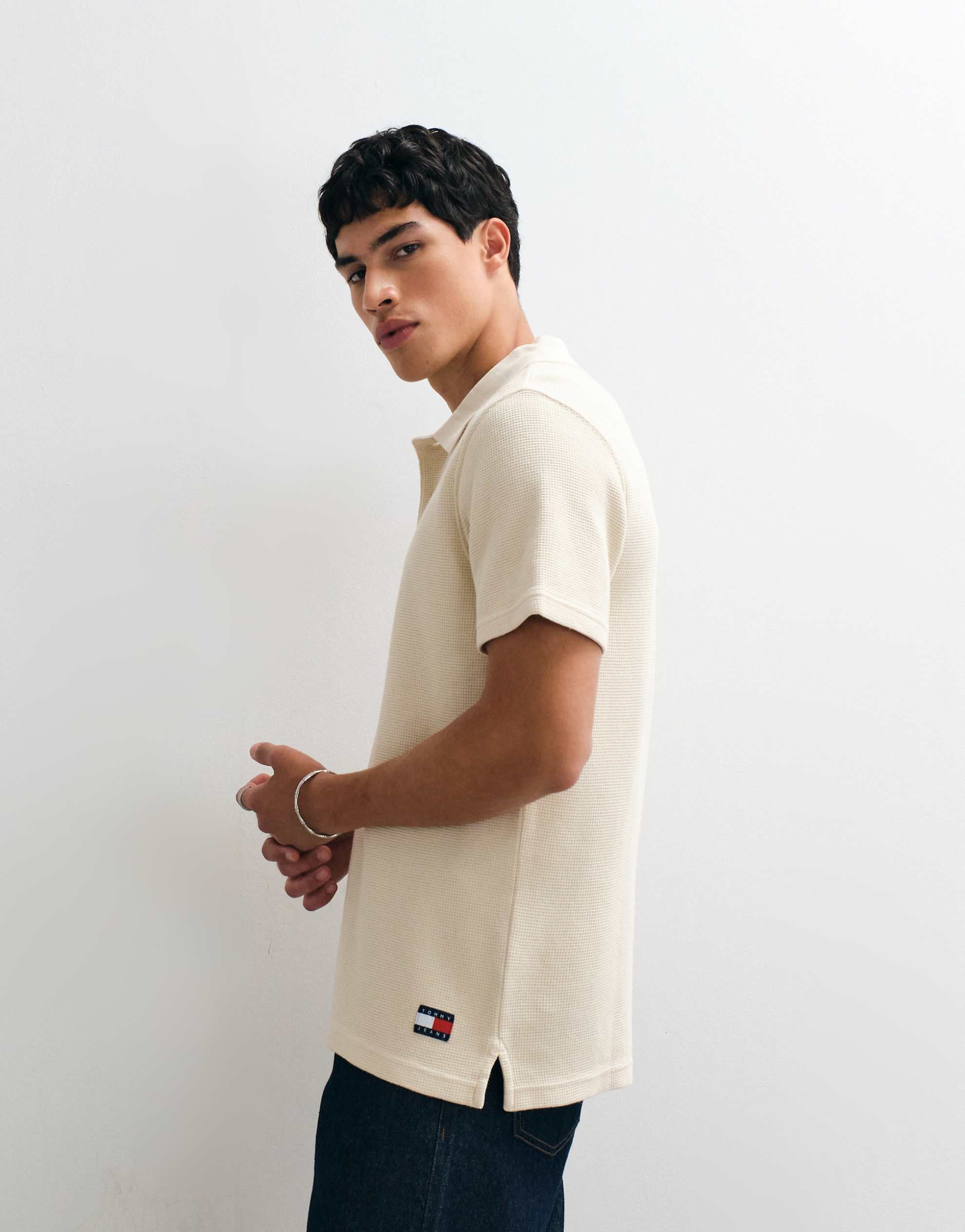 Tommy Jeans waffle textured polo shirt beige.