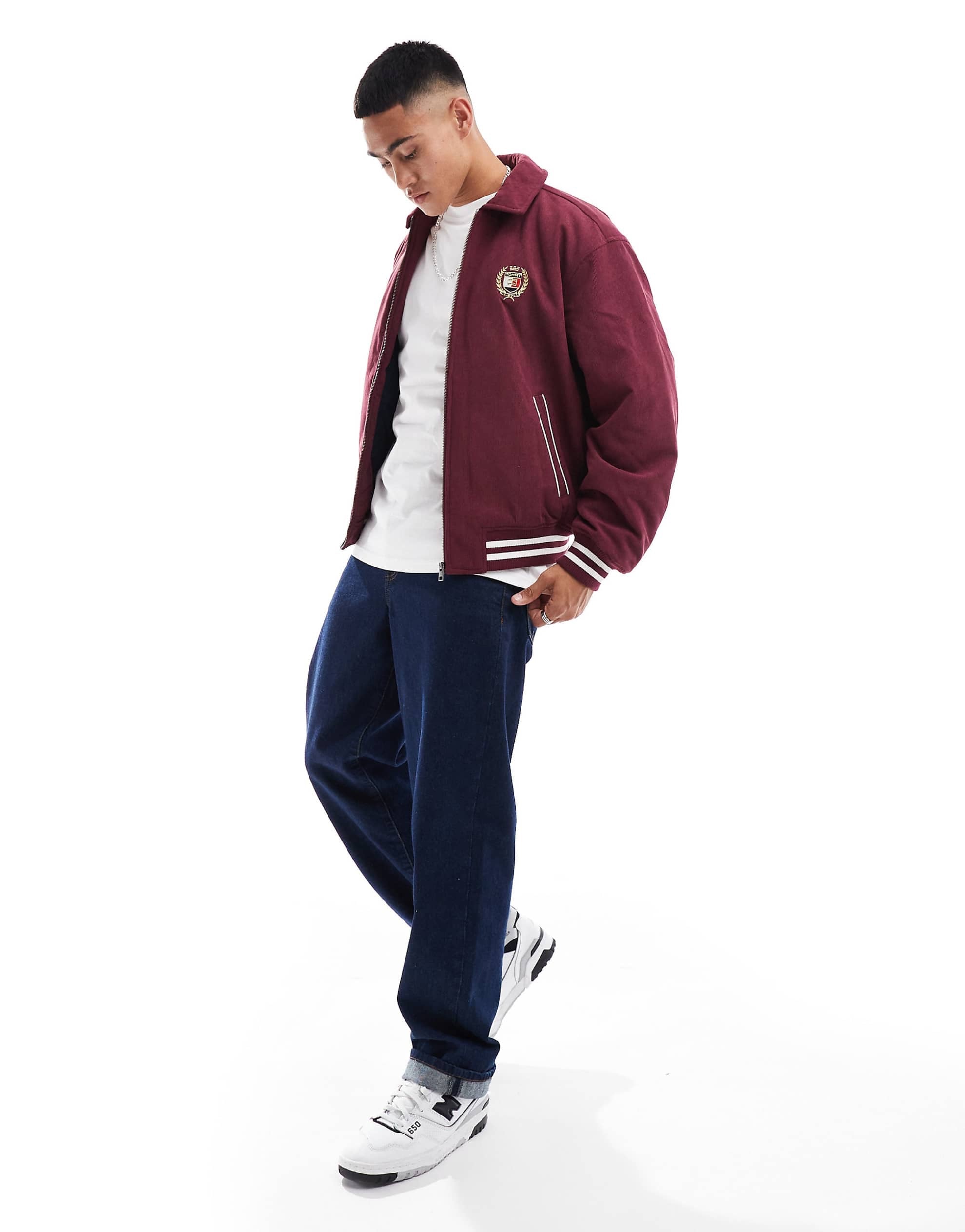 Tommy Jeans crest cord letterman jacket burgundy