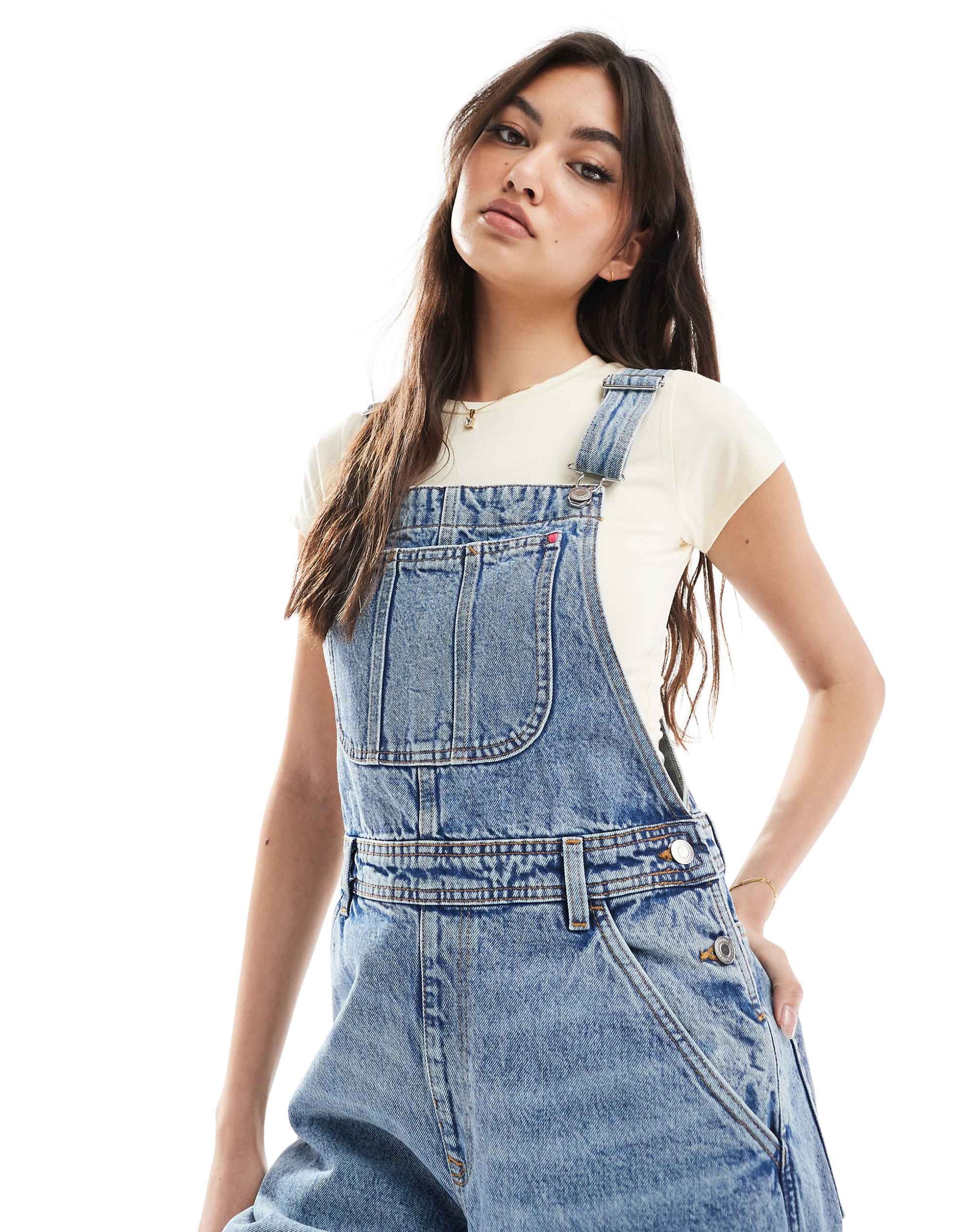 Monki denim dungaree mid blue wash