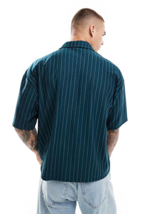 DESIGN oversized boxy polo shirt green pinstripe