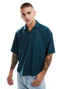 DESIGN oversized boxy polo shirt green pinstripe