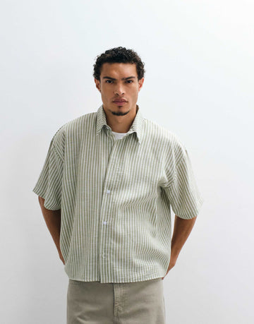 Reclaimed Vintage short sleeve cropped boxy shirt olive pinstripe