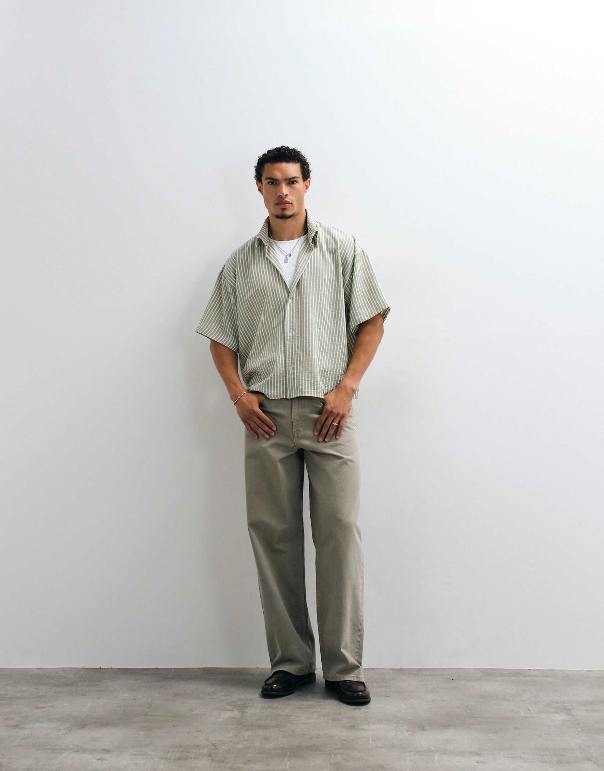 Reclaimed Vintage short sleeve cropped boxy shirt olive pinstripe