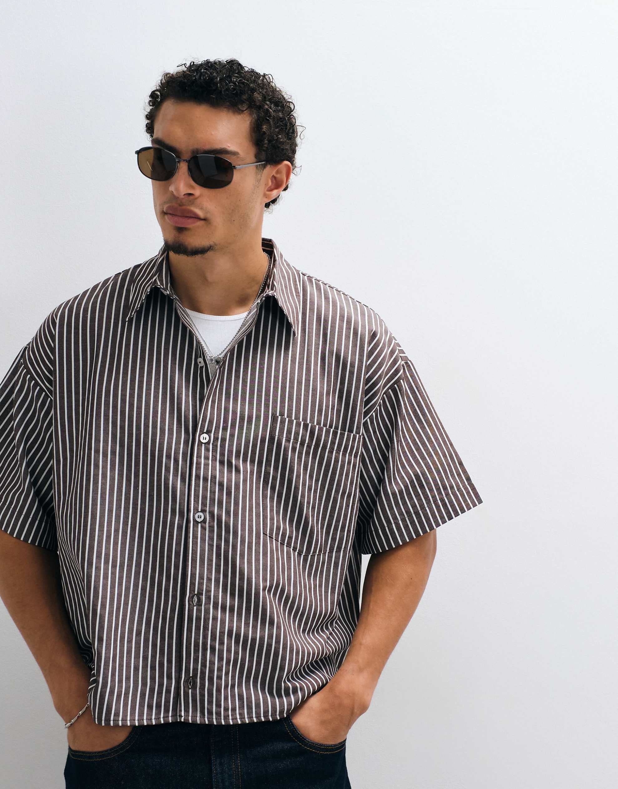 Reclaimed Vintage short sleeve boxy shirt brown stripe