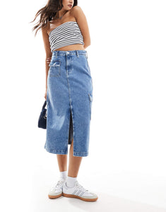 Tommy Jeans Claire utility denim midi skirt mid wash