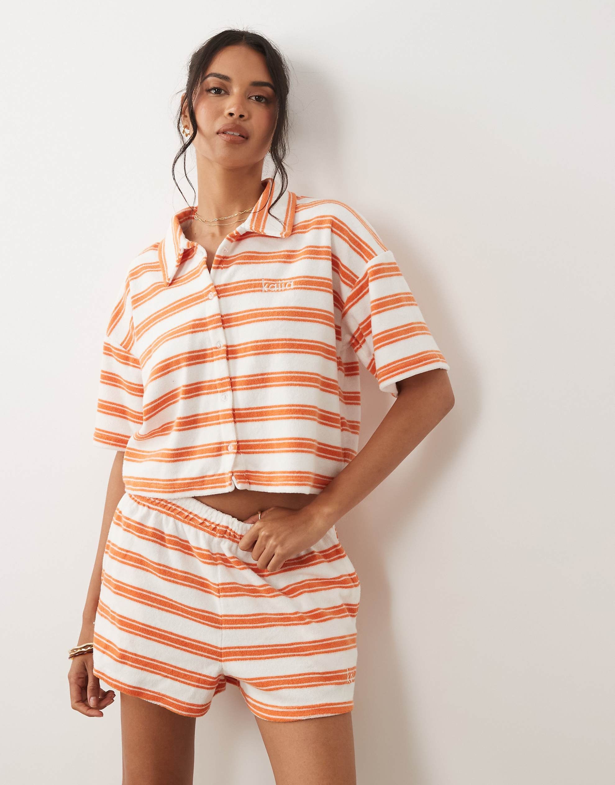 Kaiia polo top shorts co-ord orange stripe