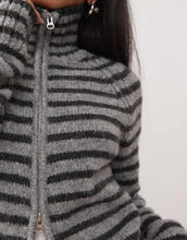 Load image into Gallery viewer, Weekday fitted knitted cardigan grey black stripe