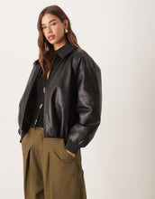 Load image into Gallery viewer, Abercrombie &amp; Fitch vegan leather bubble hem bomber jacket black