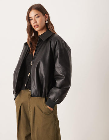Abercrombie & Fitch vegan leather bubble hem bomber jacket black