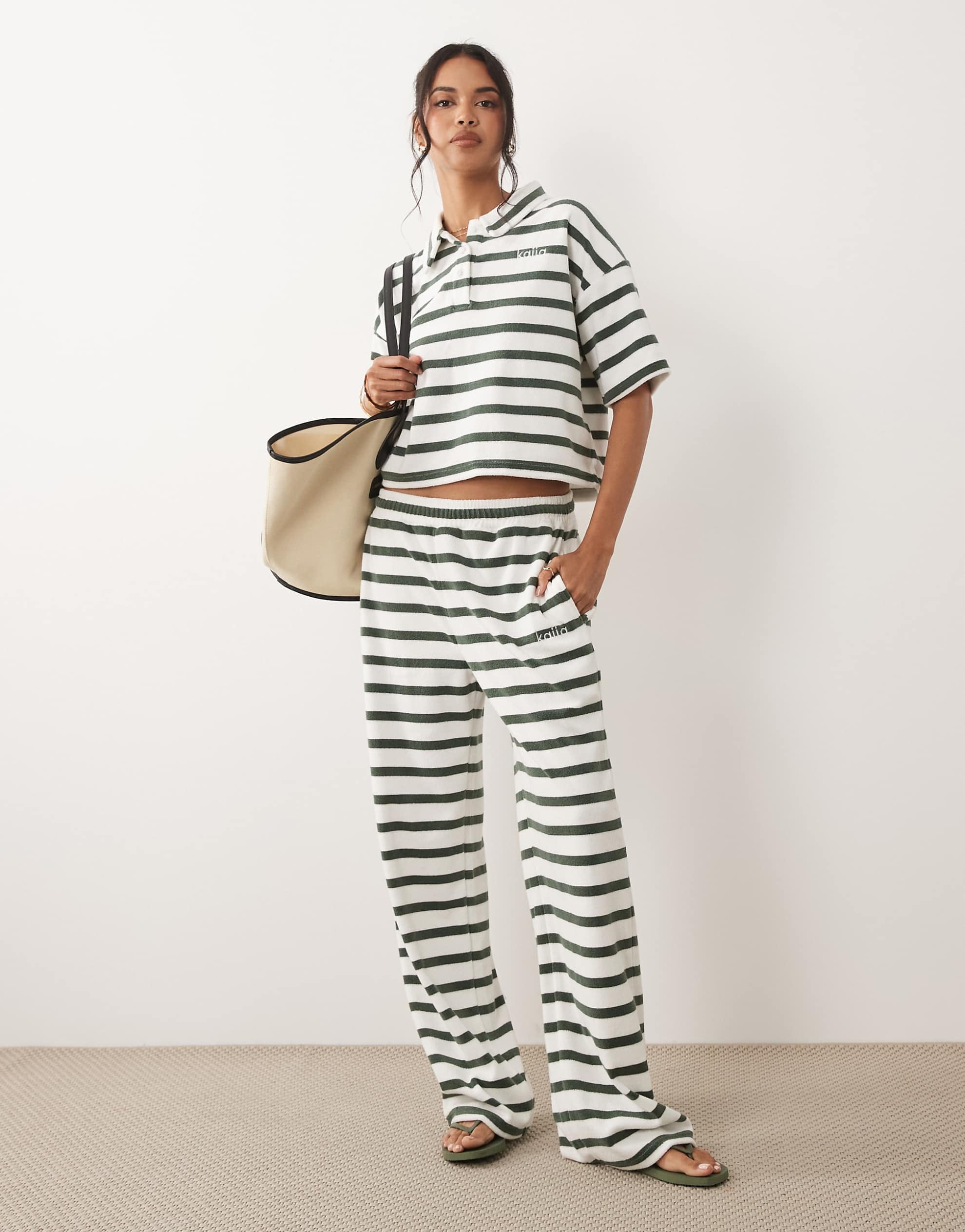 Kaiia towelling polo top joggers co-ord green white stripe