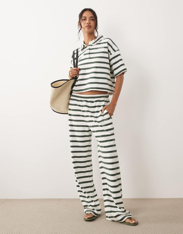 Kaiia towelling polo top joggers co-ord green white stripe