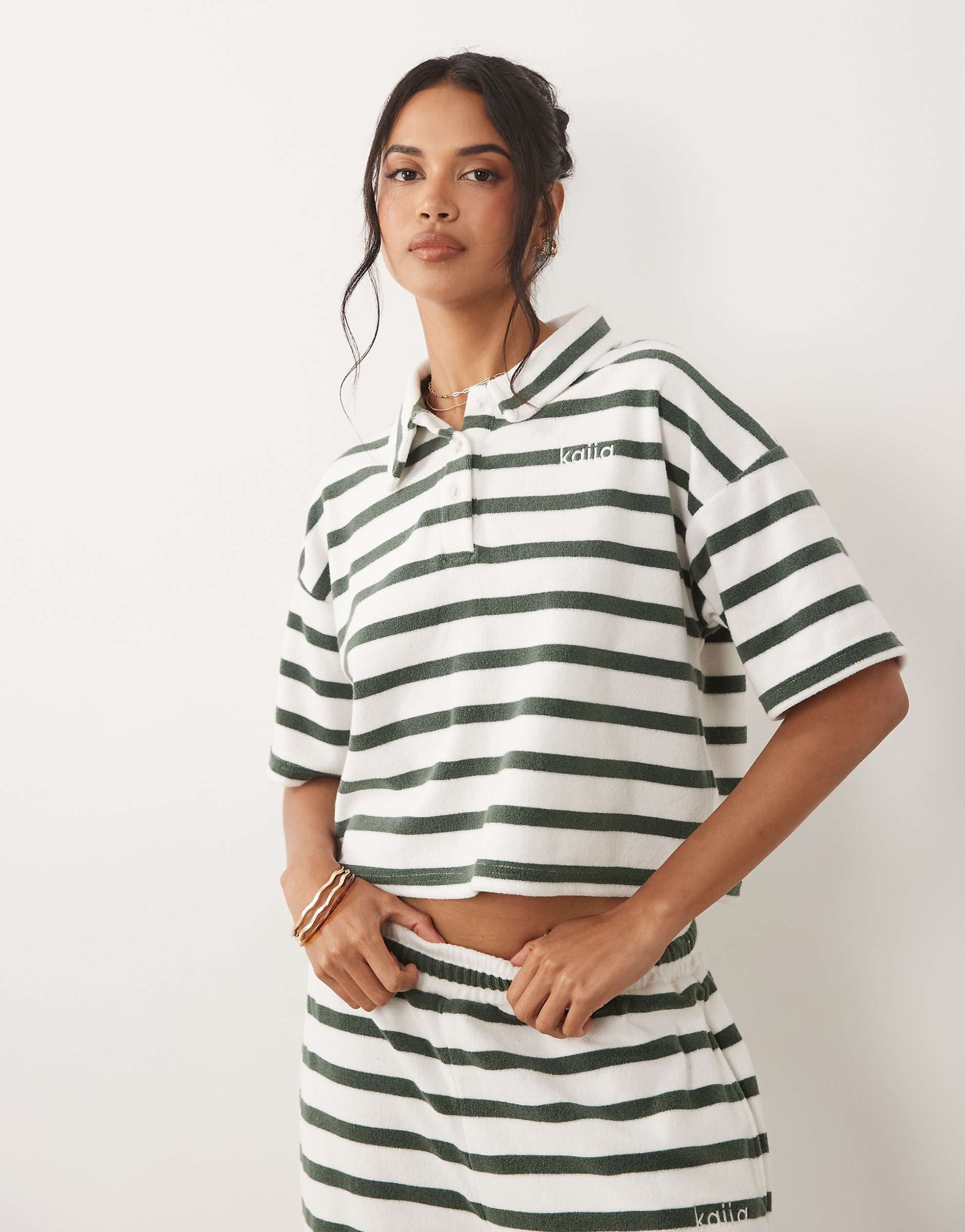 Kaiia towelling polo top joggers co-ord green white stripe