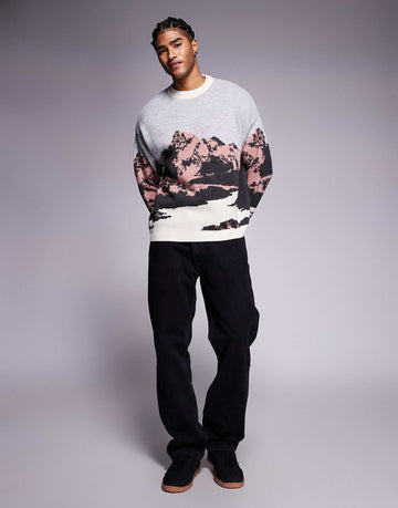 DESIGN oversized knitted jumper with mountain graphic beige