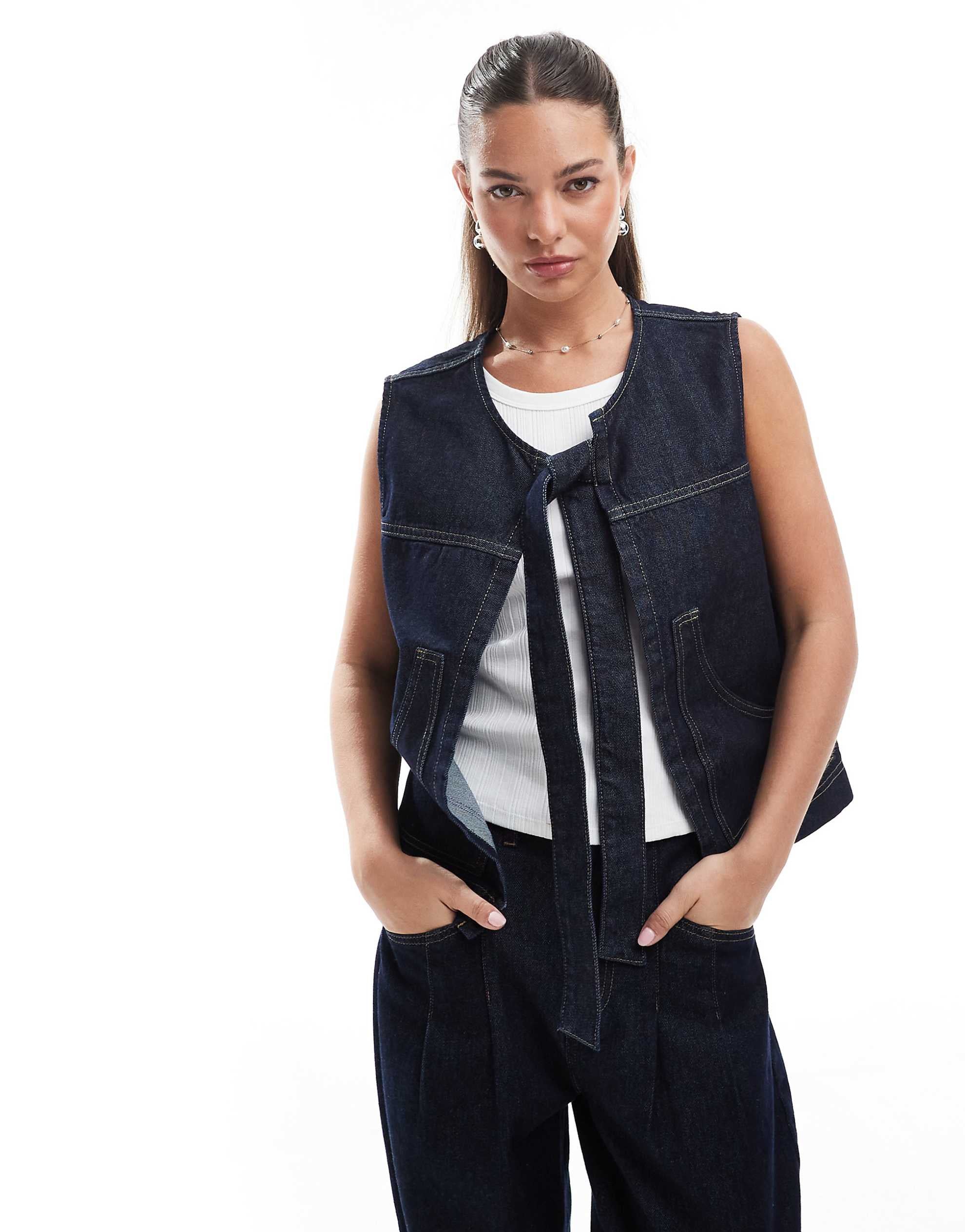DESIGN denim tie front gilet indigo