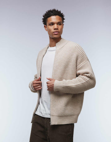 DESIGN oversized knitted zip through funnel neck cardigan beige marl