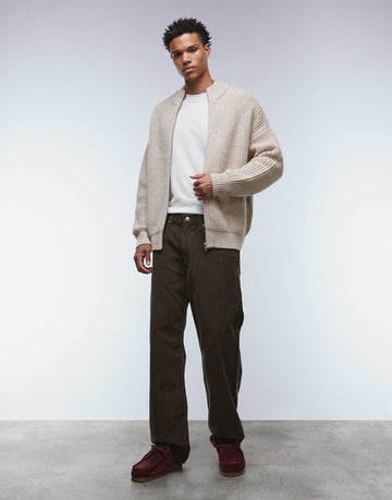 DESIGN oversized knitted zip through funnel neck cardigan beige marl