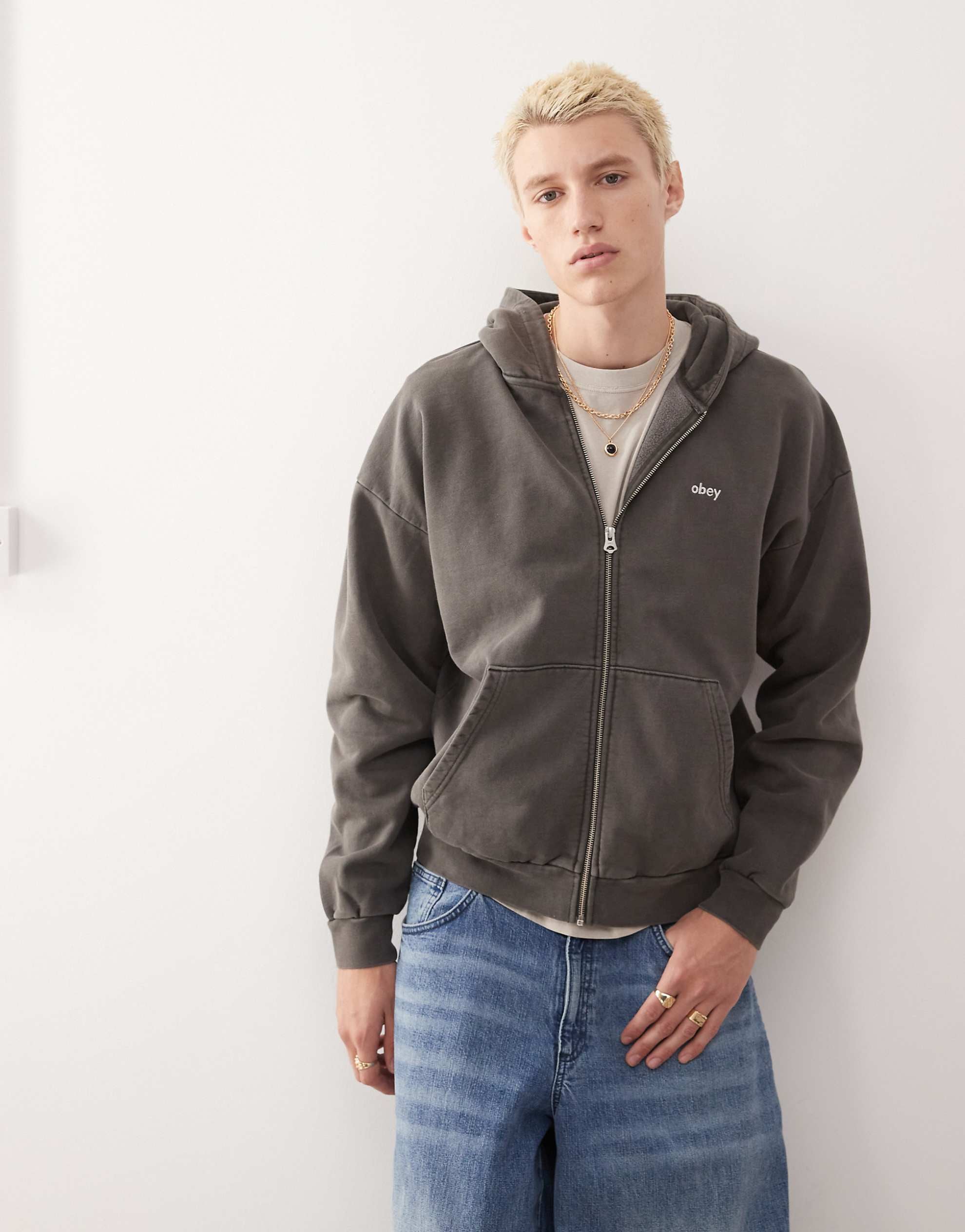 Obey zip up logo hoodie pigment black