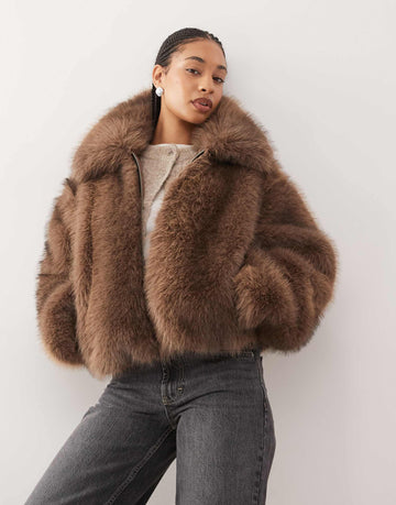 Monki short faux fur jacket mid brown