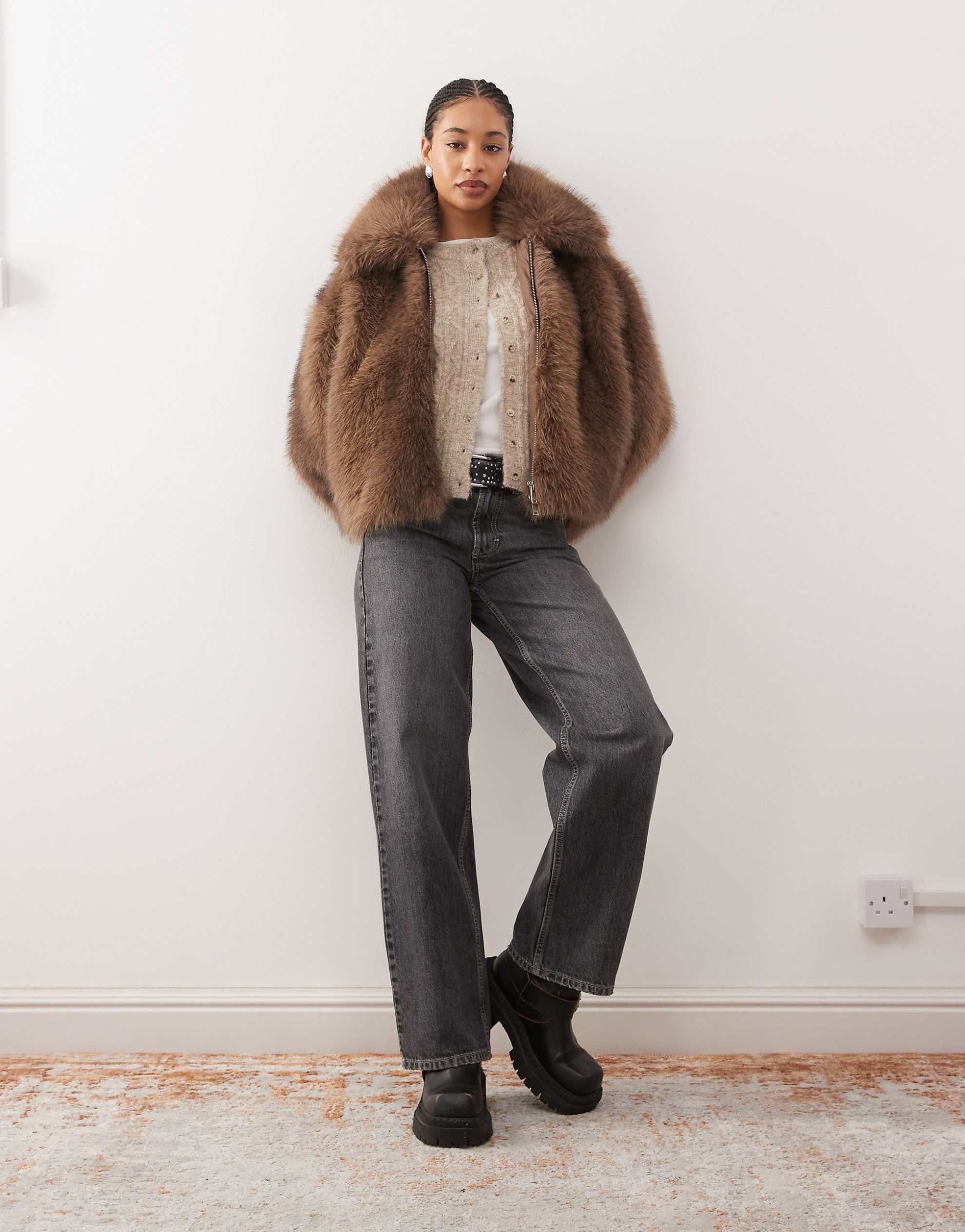 Monki short faux fur jacket mid brown