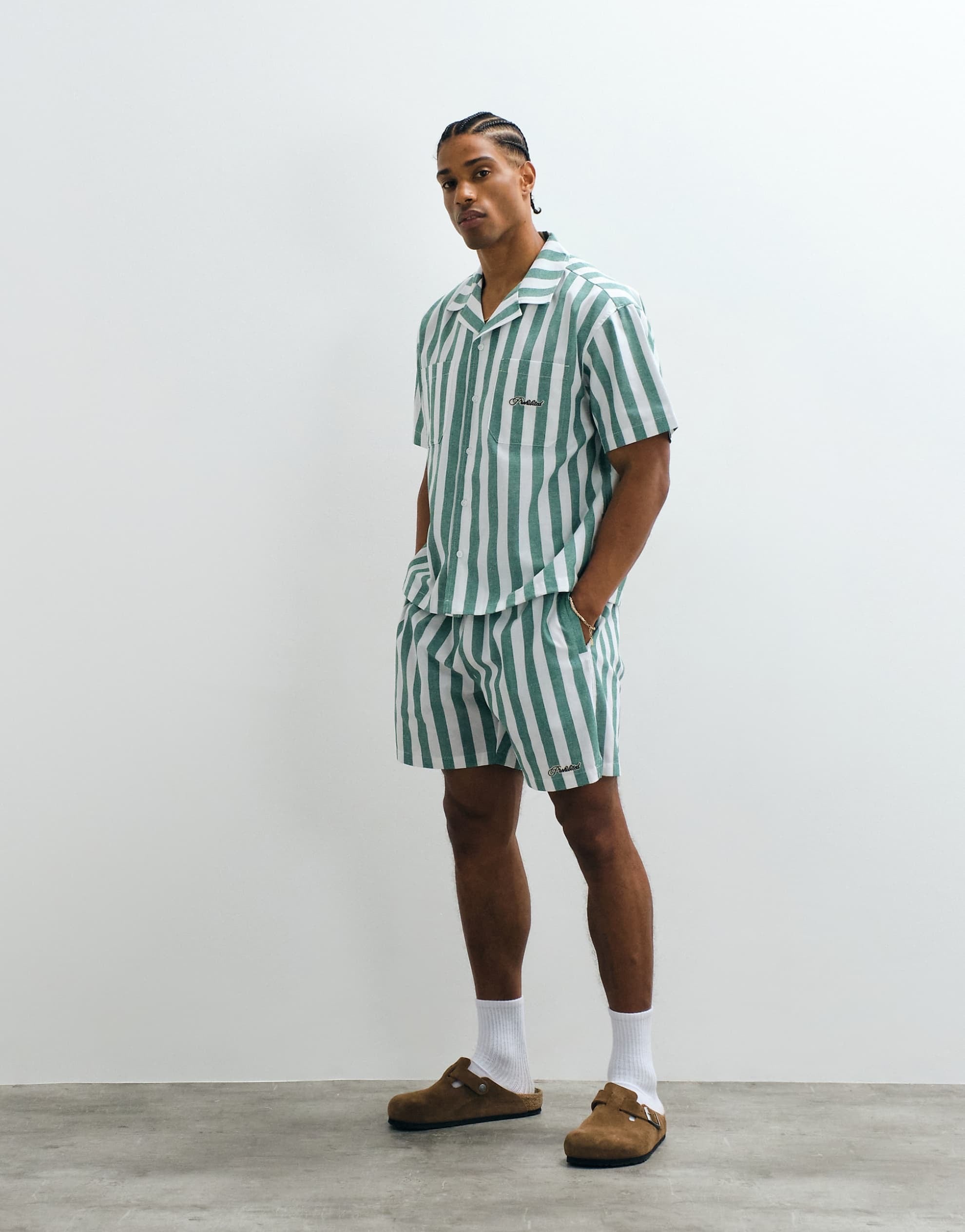 Prohibited coastline revere collar stripe shirt shorts co-ord green