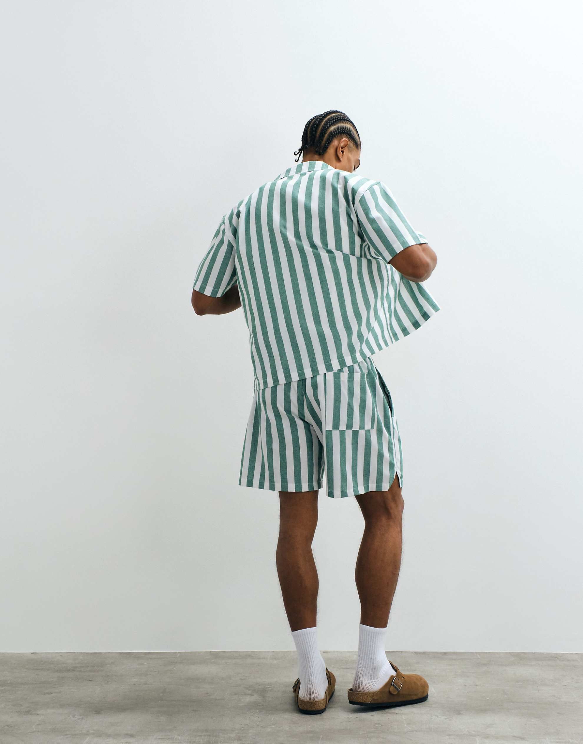 Prohibited coastline revere collar stripe shirt shorts co-ord green