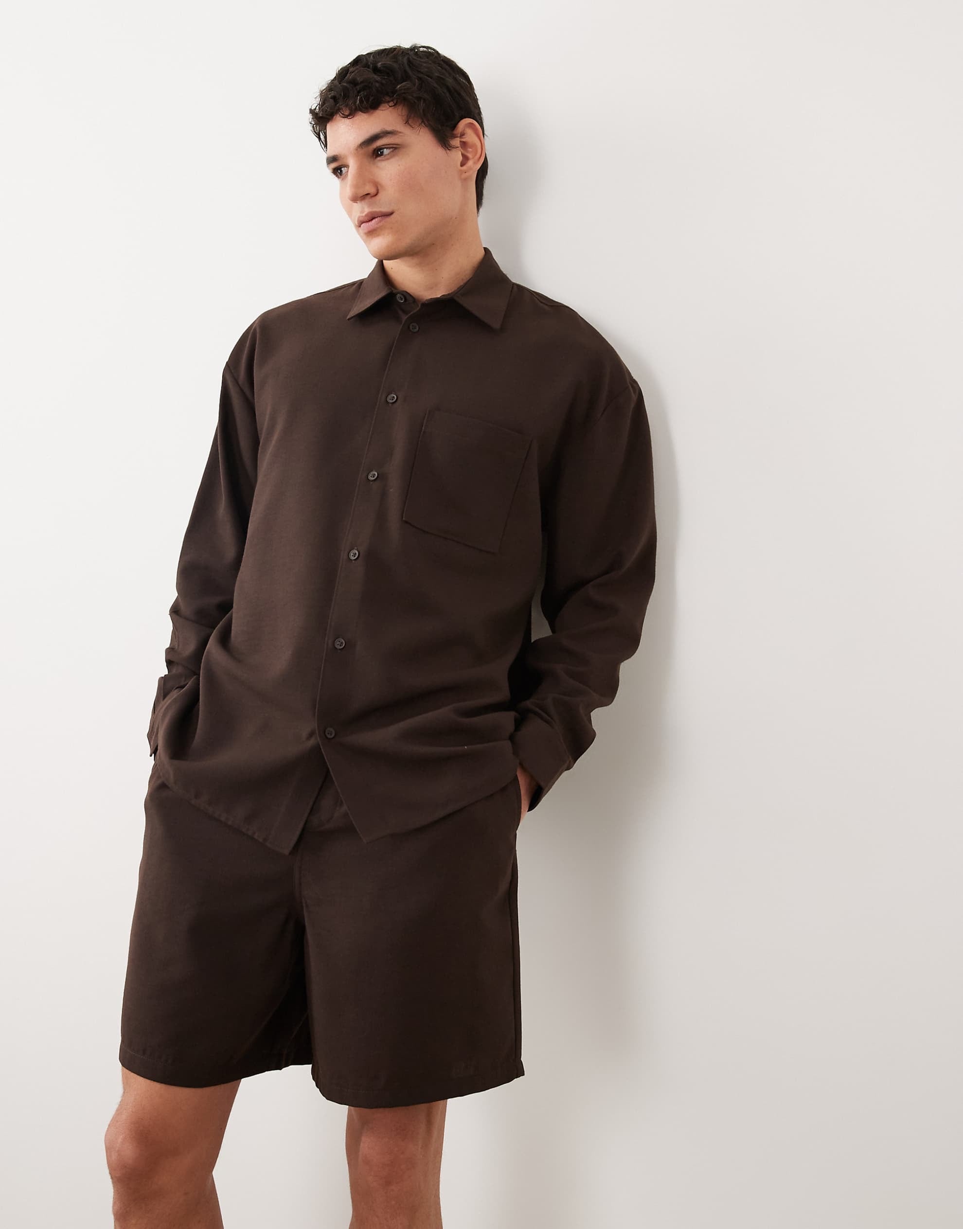 New Look co-ord linen look shirt, trousers shorts brown