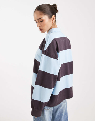 4th & Reckless cotton rich rugby polo collared sweatshirt chocolate blue