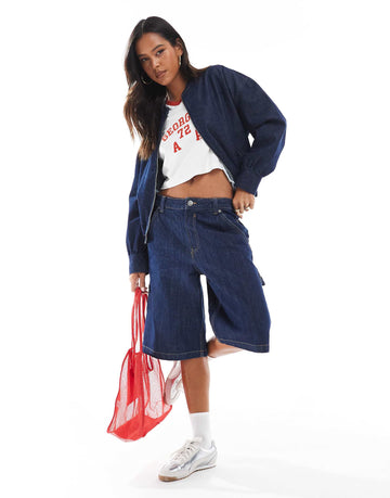 DESIGN oversized denim bomber jacket indigo