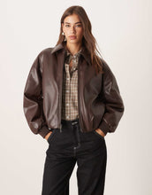 Load image into Gallery viewer, Abercrombie &amp; Fitch vegan leather bubble hem bomber jacket brown