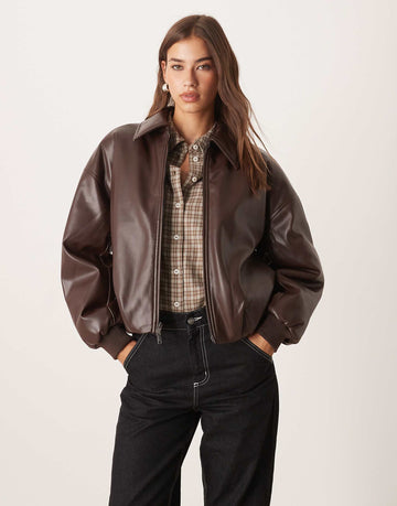 Abercrombie & Fitch vegan leather bubble hem bomber jacket brown