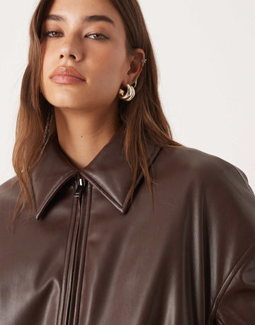 Abercrombie & Fitch vegan leather bubble hem bomber jacket brown
