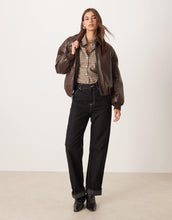 Load image into Gallery viewer, Abercrombie &amp; Fitch vegan leather bubble hem bomber jacket brown