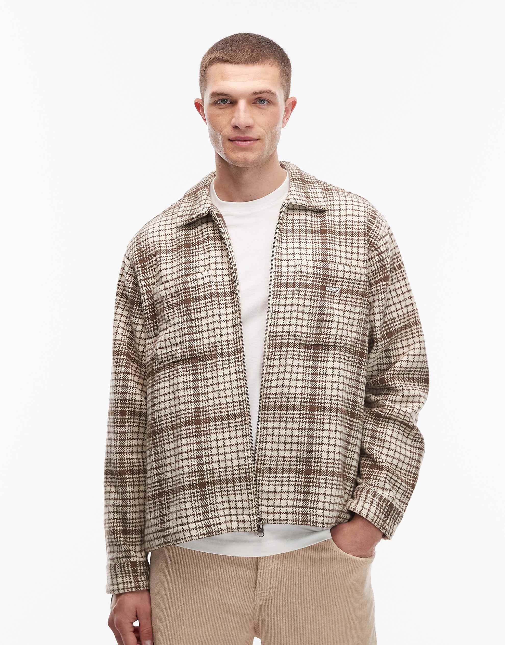 Obey parker flannel zip up shirt jacket beige