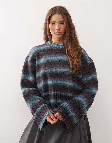 Monki boxy jumper with faded stripe blue