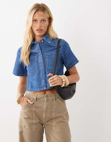 DESIGN denim crop shirt mid blue